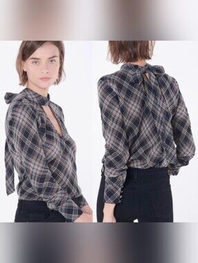 Veronica Beard Wade Metallic Plaid Top Long Sleeve Blouse
